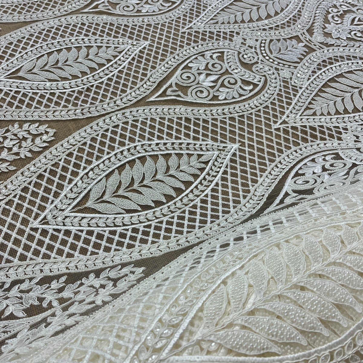 1 Yard 52" Wide Beaded & Corded Bridal Lace Fabric Embroidered on 100% Polyester Net Mesh