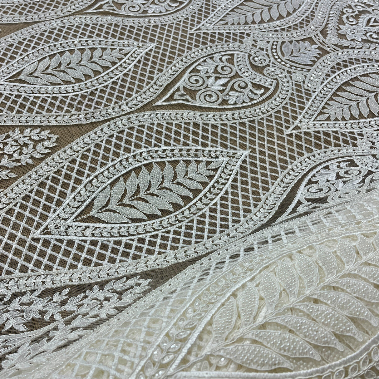 1 Yard Luxurious Beaded & Corded Bridal Lace Fabric Embroidered on Polyester Net Mesh 52” Wide