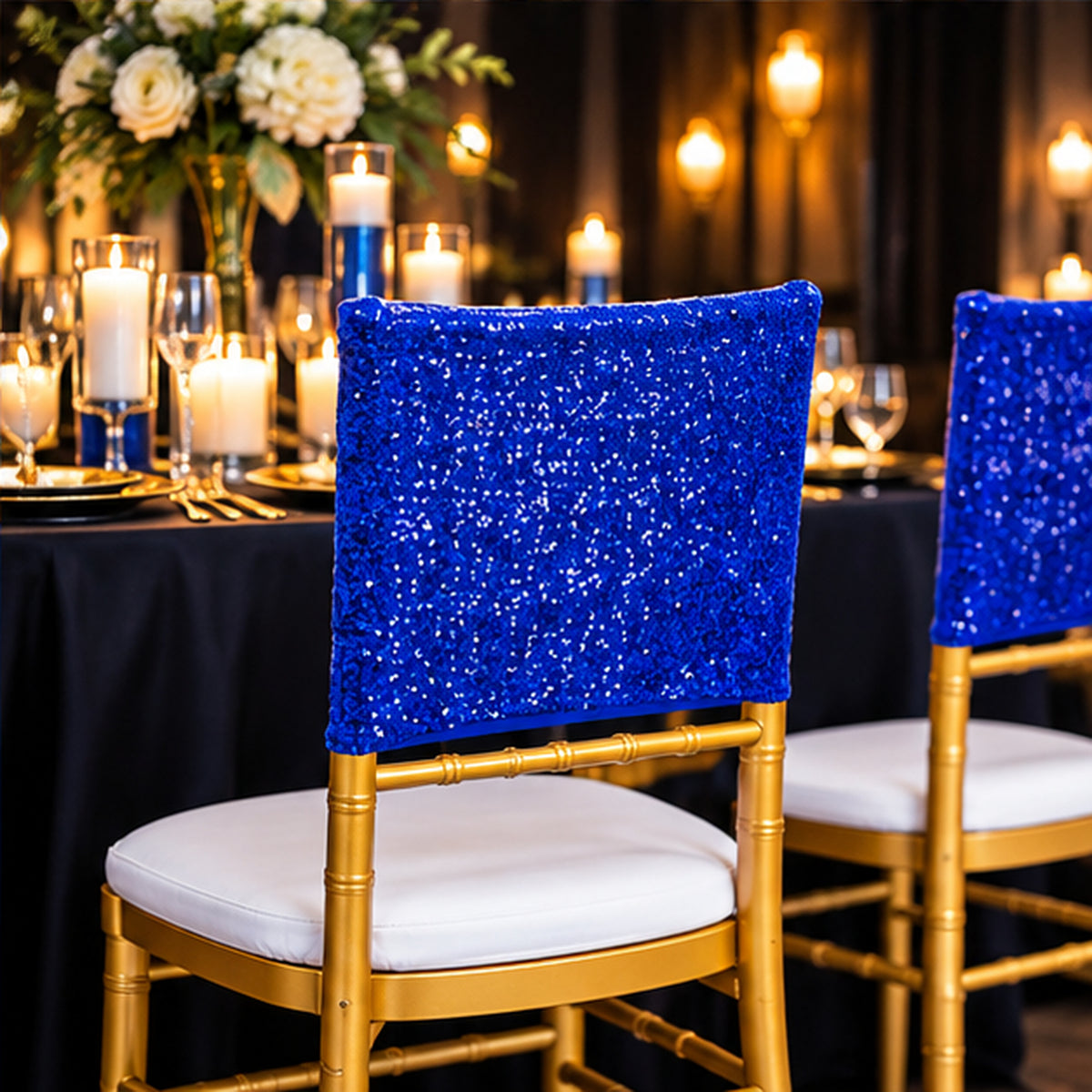 Royal Blue Sequin Spandex Chair Caps 220 GSM Shimmer Stretch