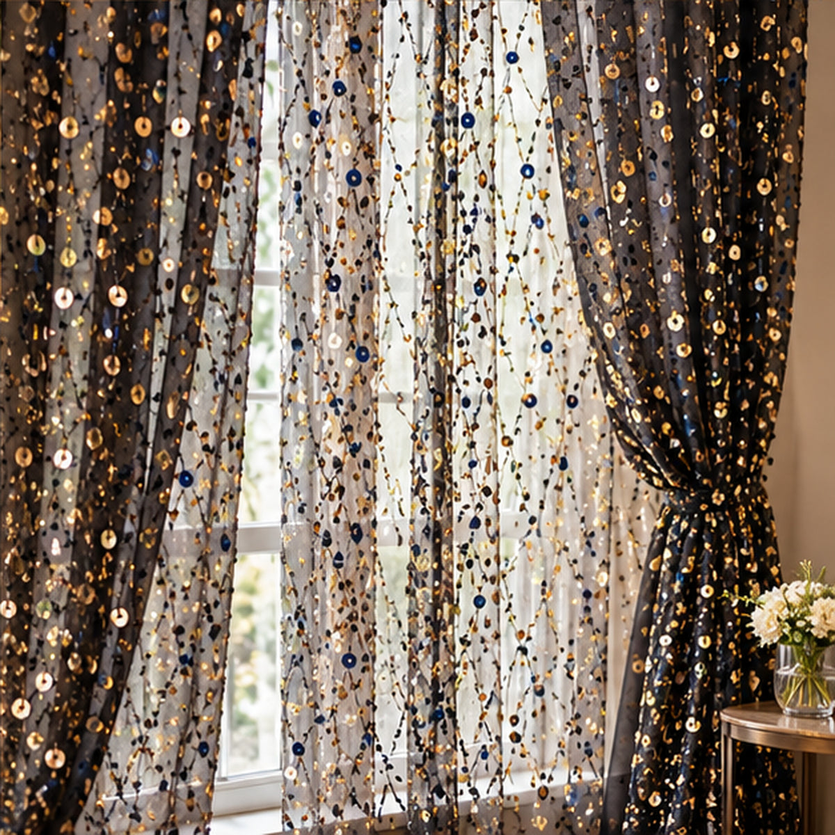 Sequined Lace Fabric Embroidered Black Chiffon Sheer by the Yard
