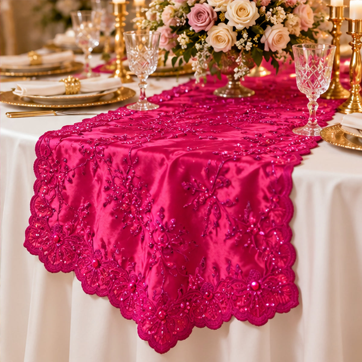 Beaded Bridal Lace Fabric Floral Embroidered Satin Polyester