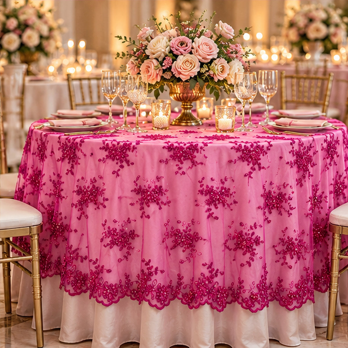 Fuchsia Beaded Lace Fabric Pearl Embroidered Polyester Net Mesh