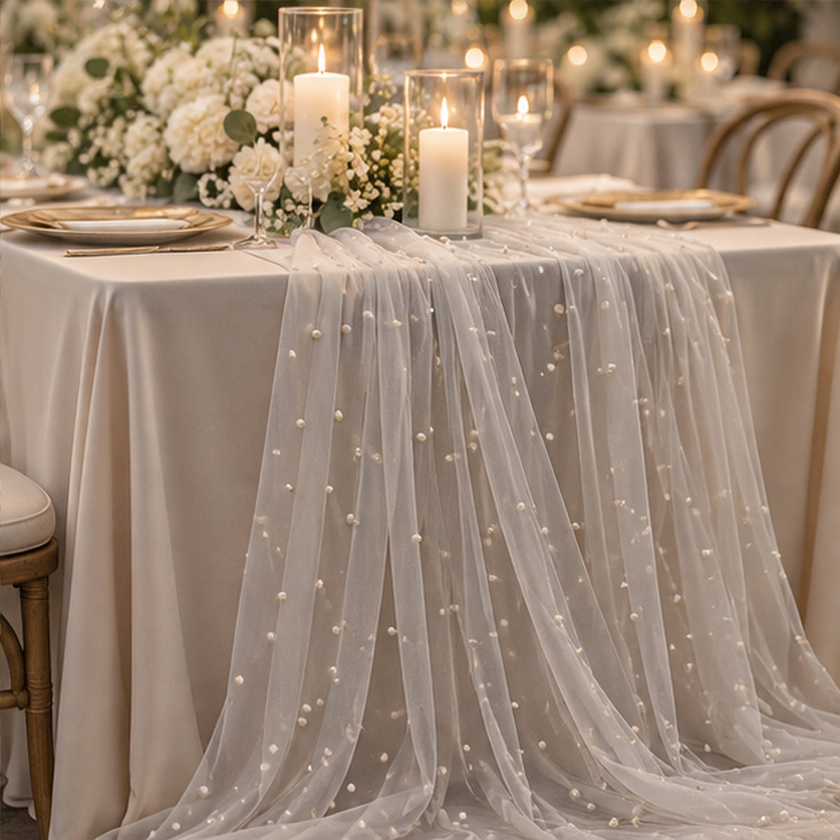 Nylon Stretch Net Mesh Fabric with Scattered Faux Pearls 60 Inch