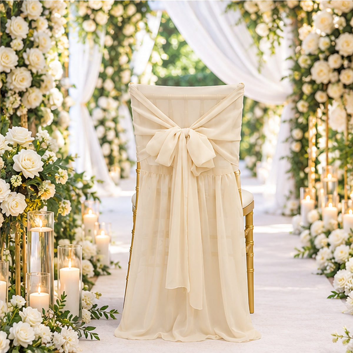 Champagne Chiffon Chiavari Chair Cover With Sash Flowing Drape