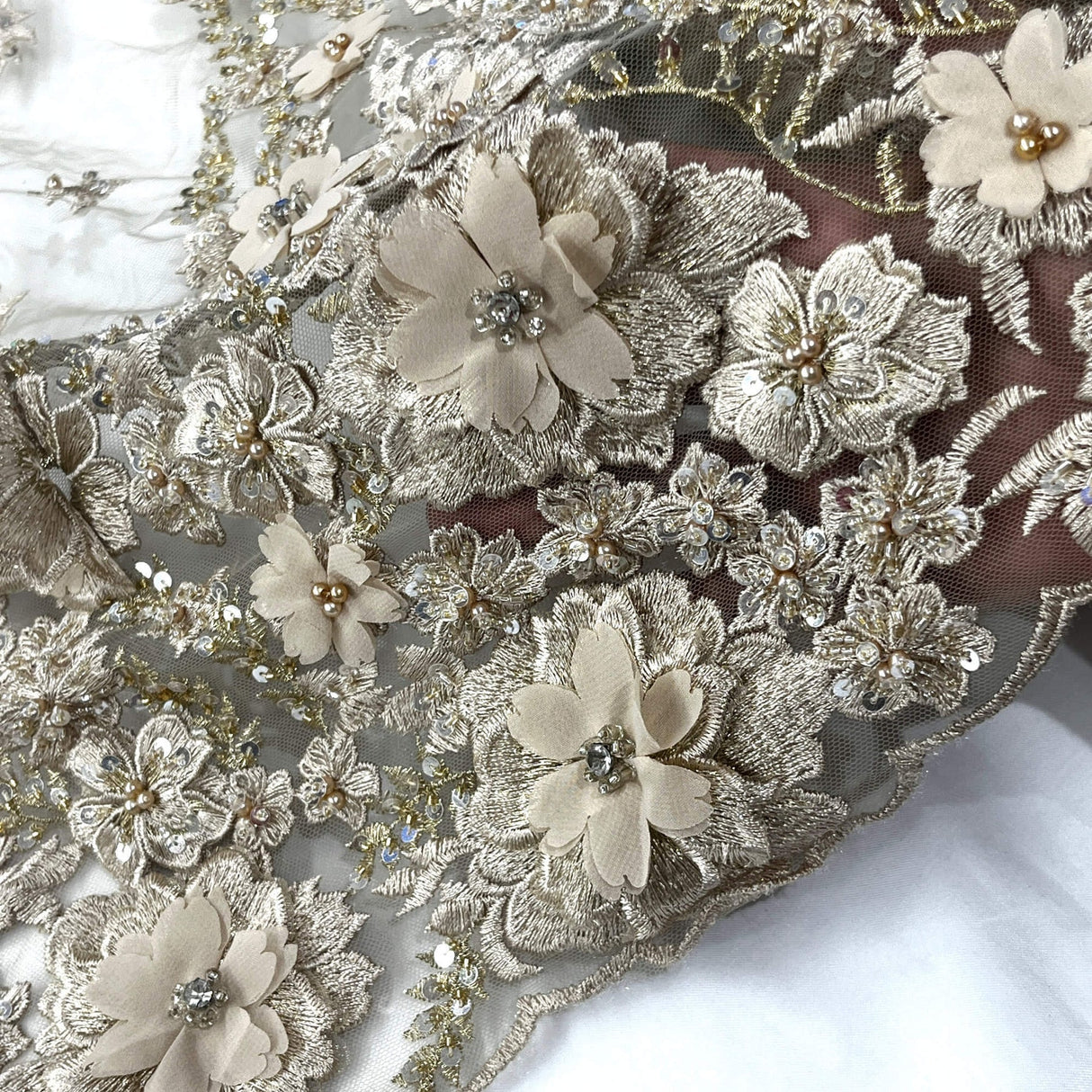 1 Yard Beaded 3D Floral Lace Fabric with Rhinestones, 51" Wide Embroidered Mesh