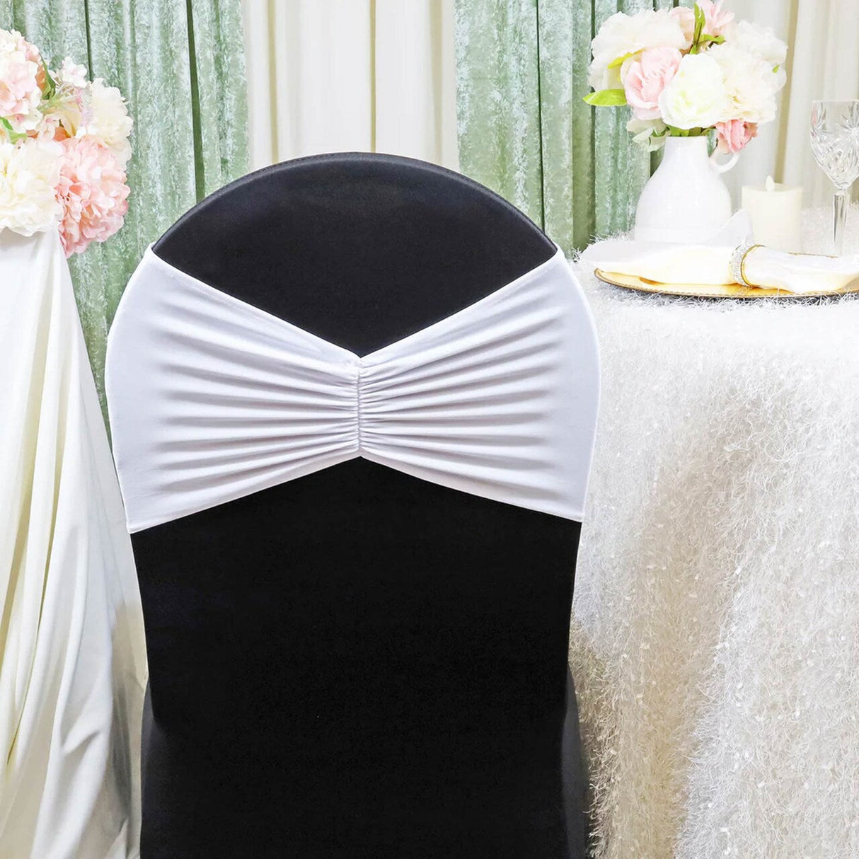10 Pieces White Ruffled Spandex Chair Bands for Classic Wedding Decor 8x13 inches