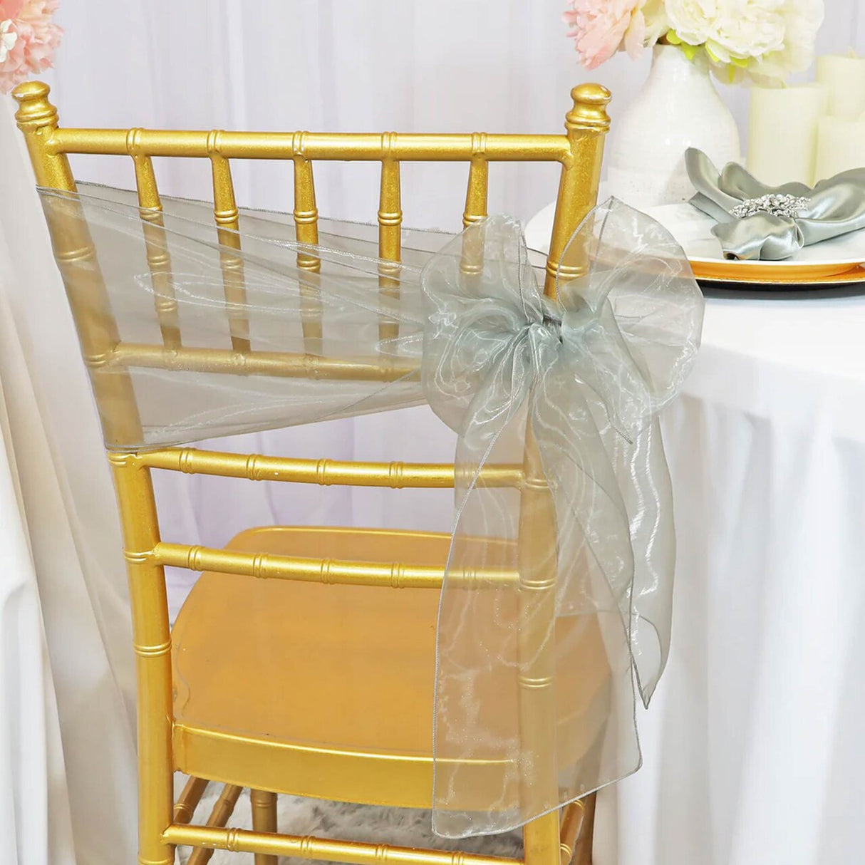 10 Pieces Silver Organza Chair Sashes 8"x108" Sheer Shimmer Chair Bows for Elegant Events
