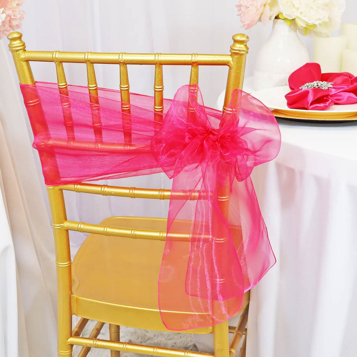 10 Pieces Fuchsia Organza Chair Sashes 8"x108" Sheer Chair Decor for Wedding & Events