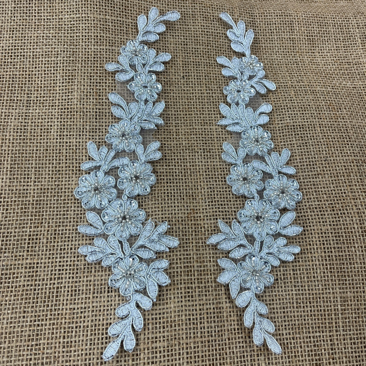 1 Pair 9.5" x 2" Each Side Beaded & Corded Floral Lace Applique Embroidered on 100% Polyester Net Mesh
