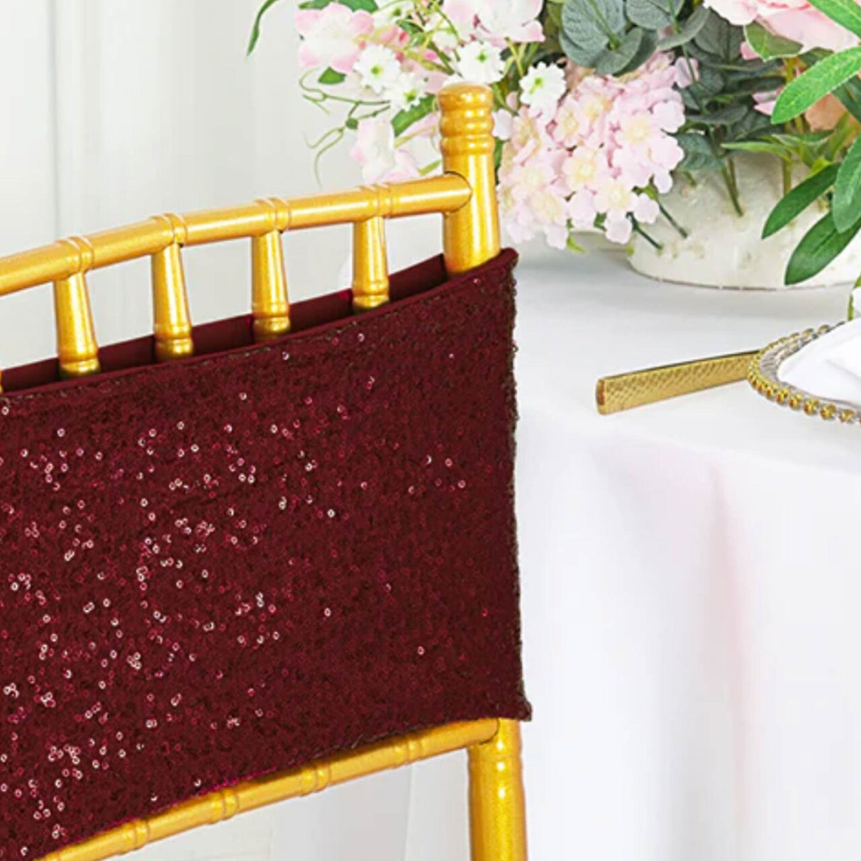 10 Pieces Elegant Burgundy Sequin Stretch Spandex Chair Bands 7 x 13 Inches