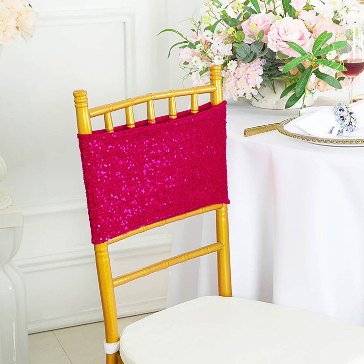 10 Pieces Vibrant Fuchsia Sequin Stretch Spandex Chair Bands 7 x 13 Inches