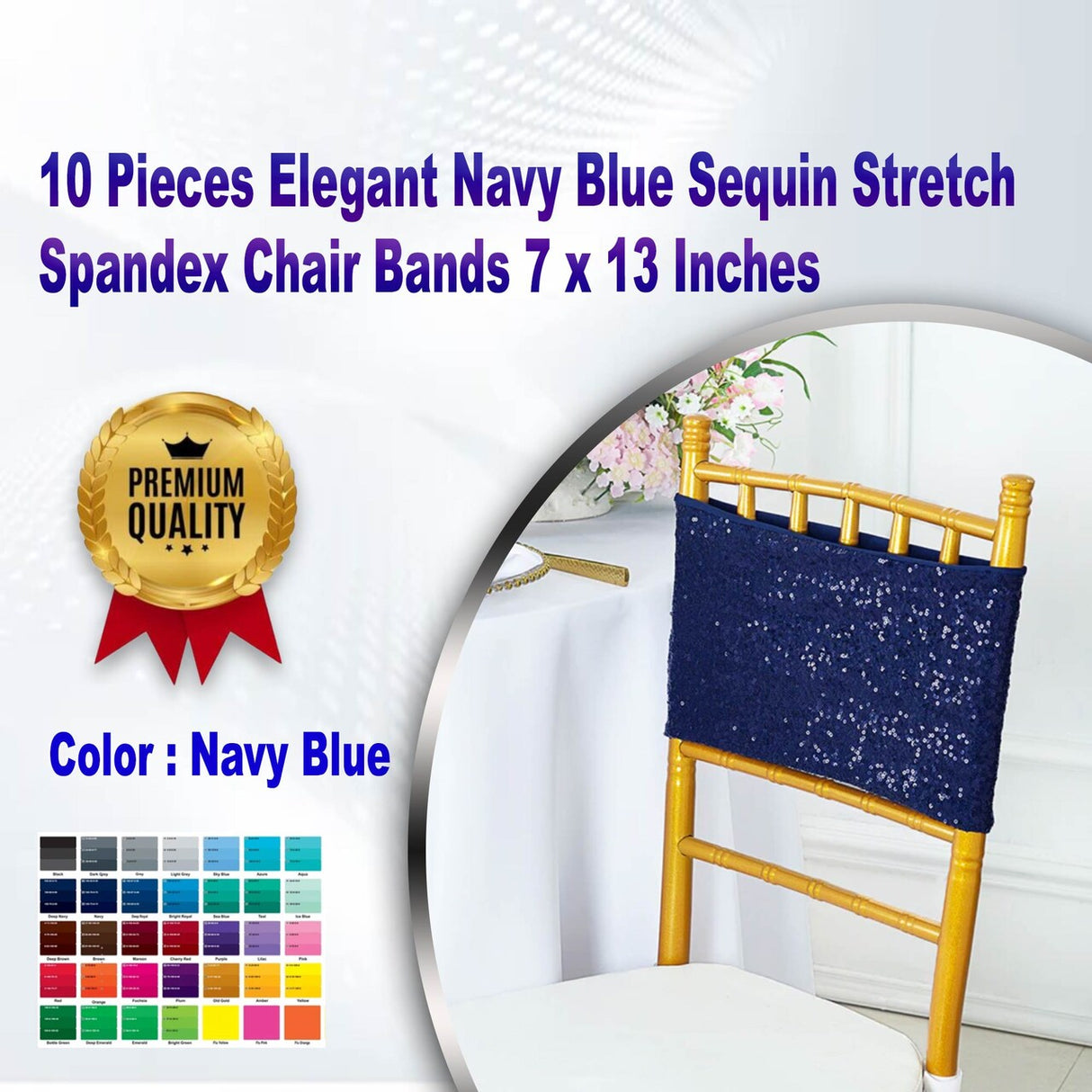 10 Pieces Elegant Navy Blue Sequin Stretch Spandex Chair Bands 7 x 13 Inches
