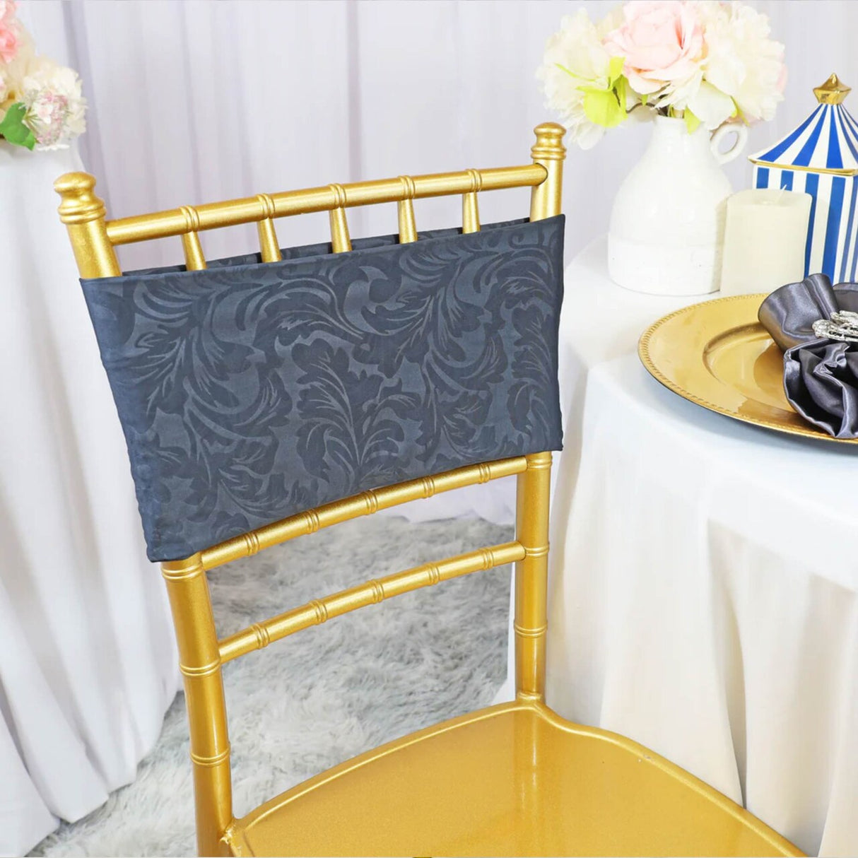 10 Pieces Pewter or Charcoal Embossed Spandex Chair Bands 7.5"x13" Durable Banquet Bands