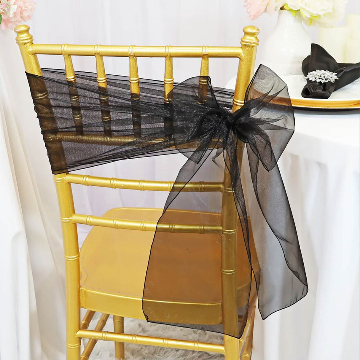 10 Pieces Black Organza Chair Sashes 8"x108" Elegant Sheer Chair Decor for Weddings & Events