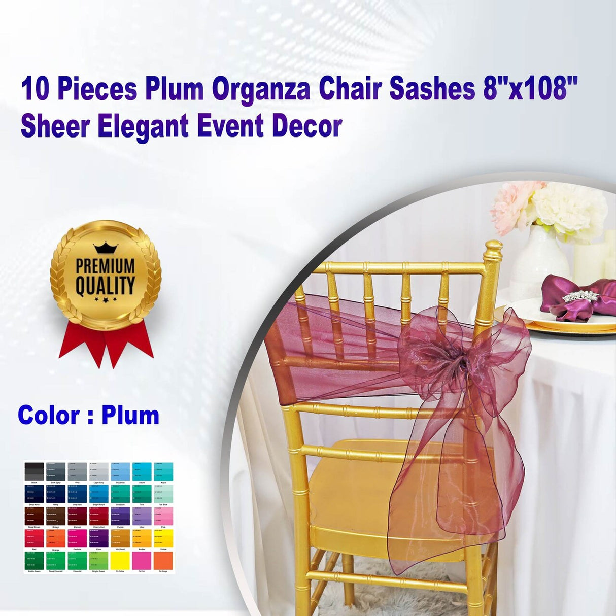 10 Pieces Plum Organza Chair Sashes 8"x108" Sheer Elegant Event Decor