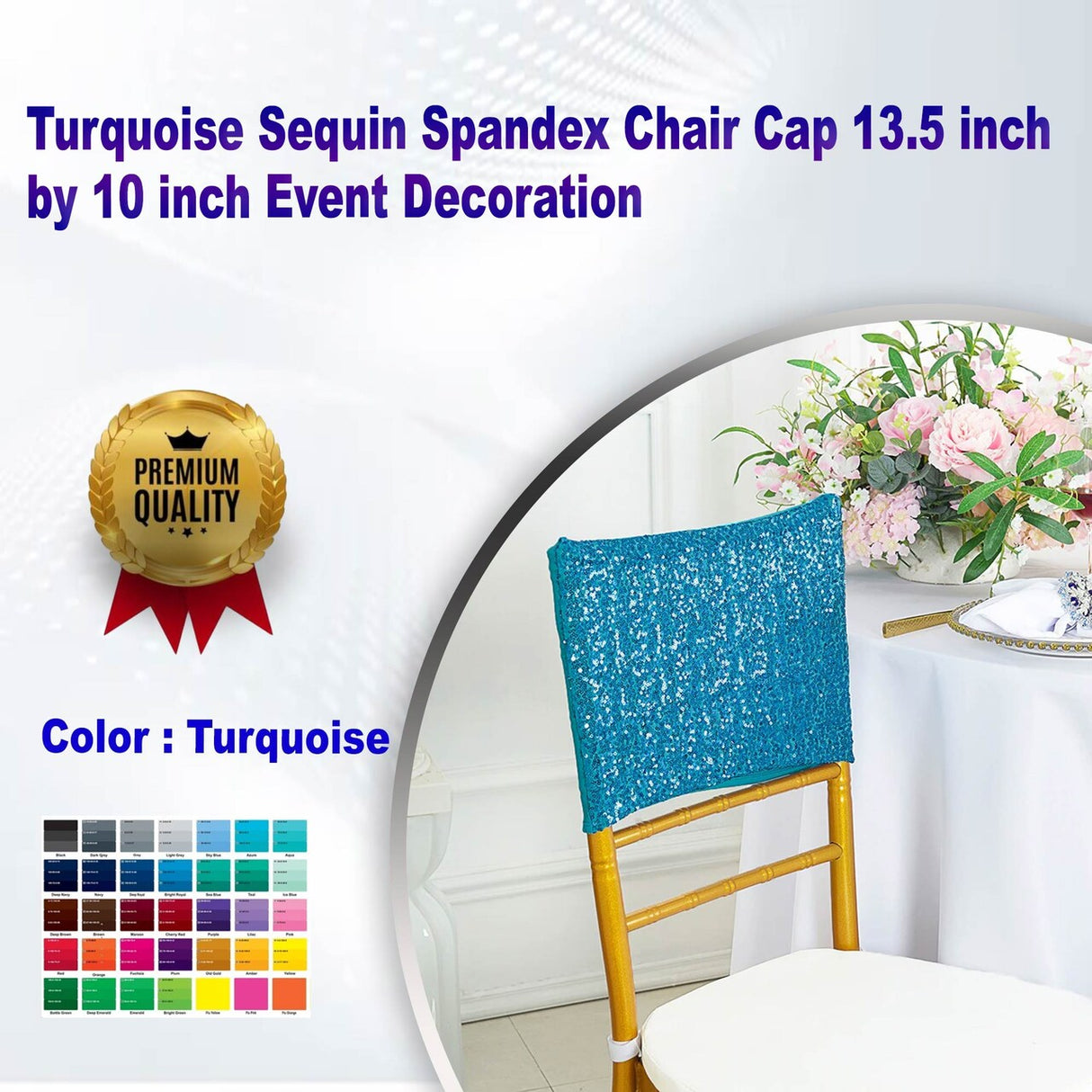 1 Piece Turquoise Sequin Spandex Chair Cap 13.5 inch by 10 inch Event Decoration