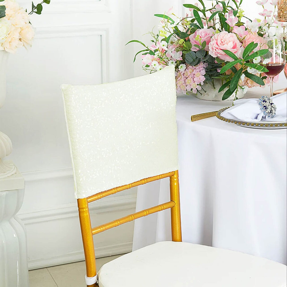 1 Piece Ivory Sequin Spandex Chair Cap 13.5 inch by 10 inch Party Topper