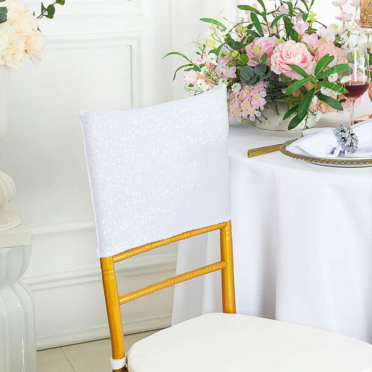 1 Piece White Sequin Spandex Chair Cap 13.5 inch by 10 inch Wedding Decor