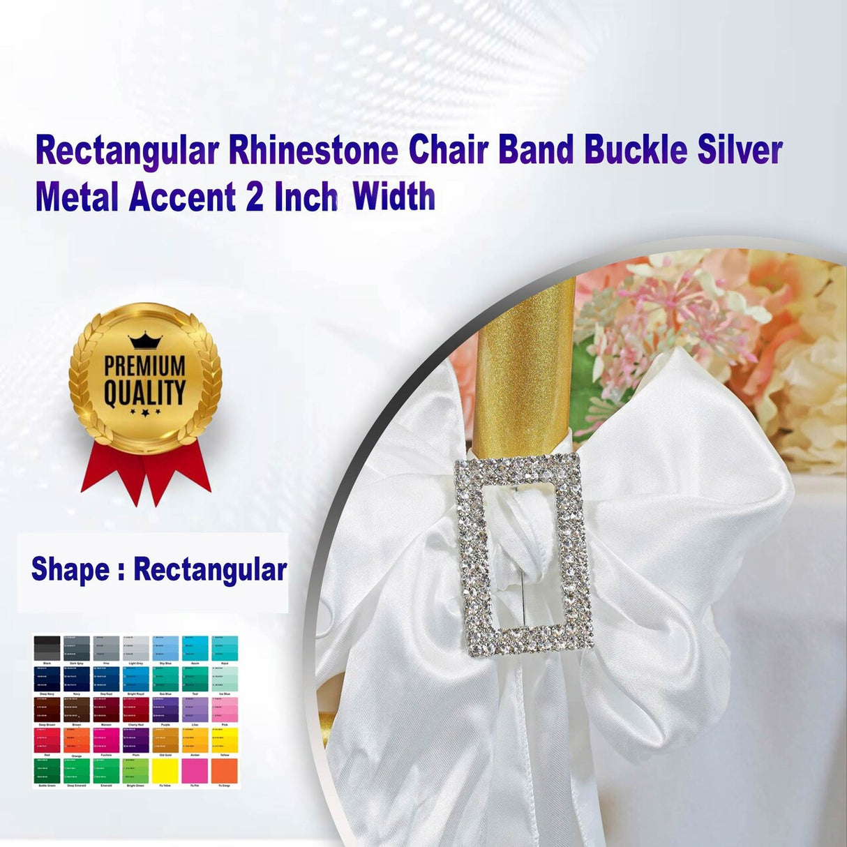 1 Piece Rectangular Rhinestone Chair Band Buckle Silver Metal Accent 2 Inch Width