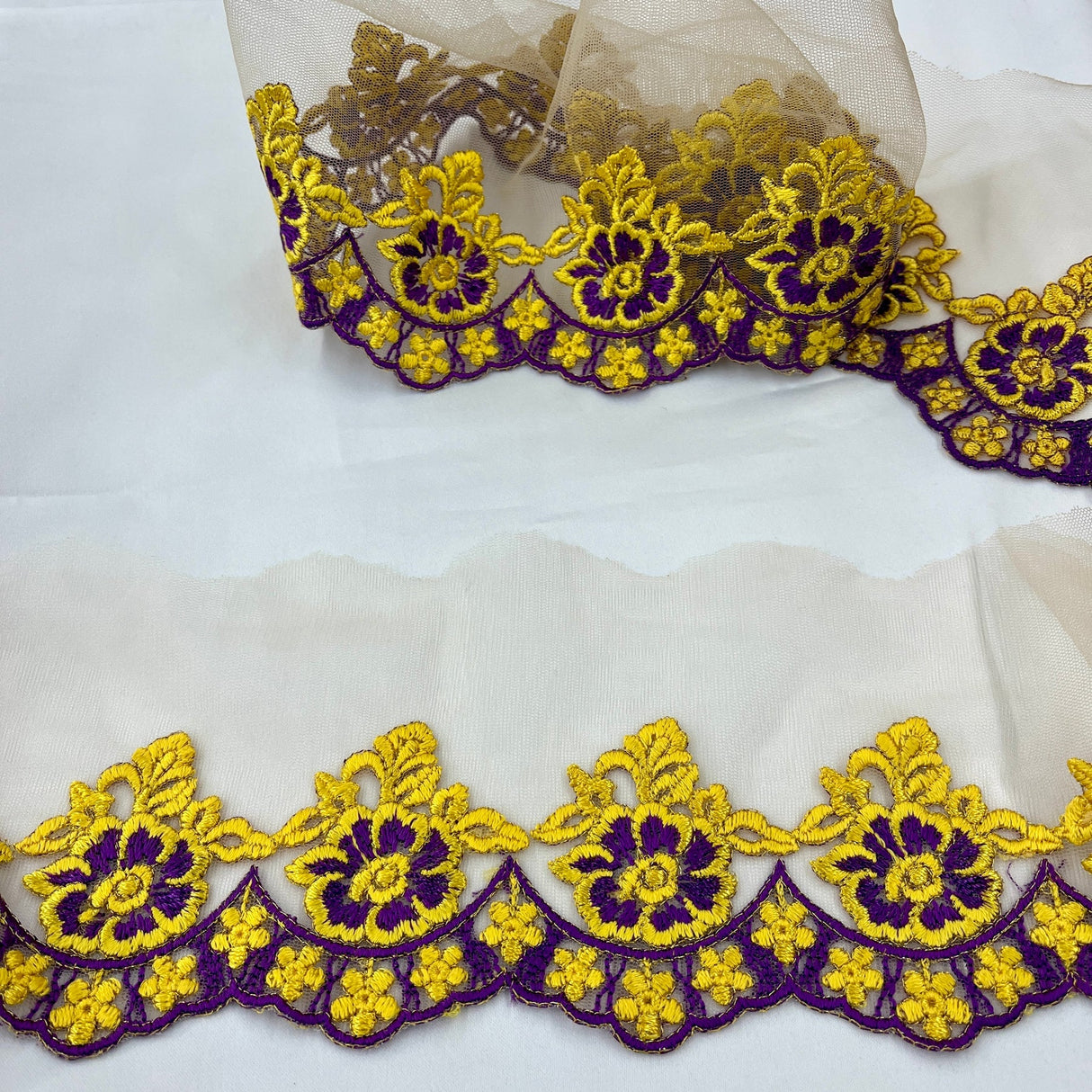 1 Yard Colorful Floral Lace Trimming on Net Mesh | 2.75" Wide | Handmade Embroidered Trim for Dresses & Costumes