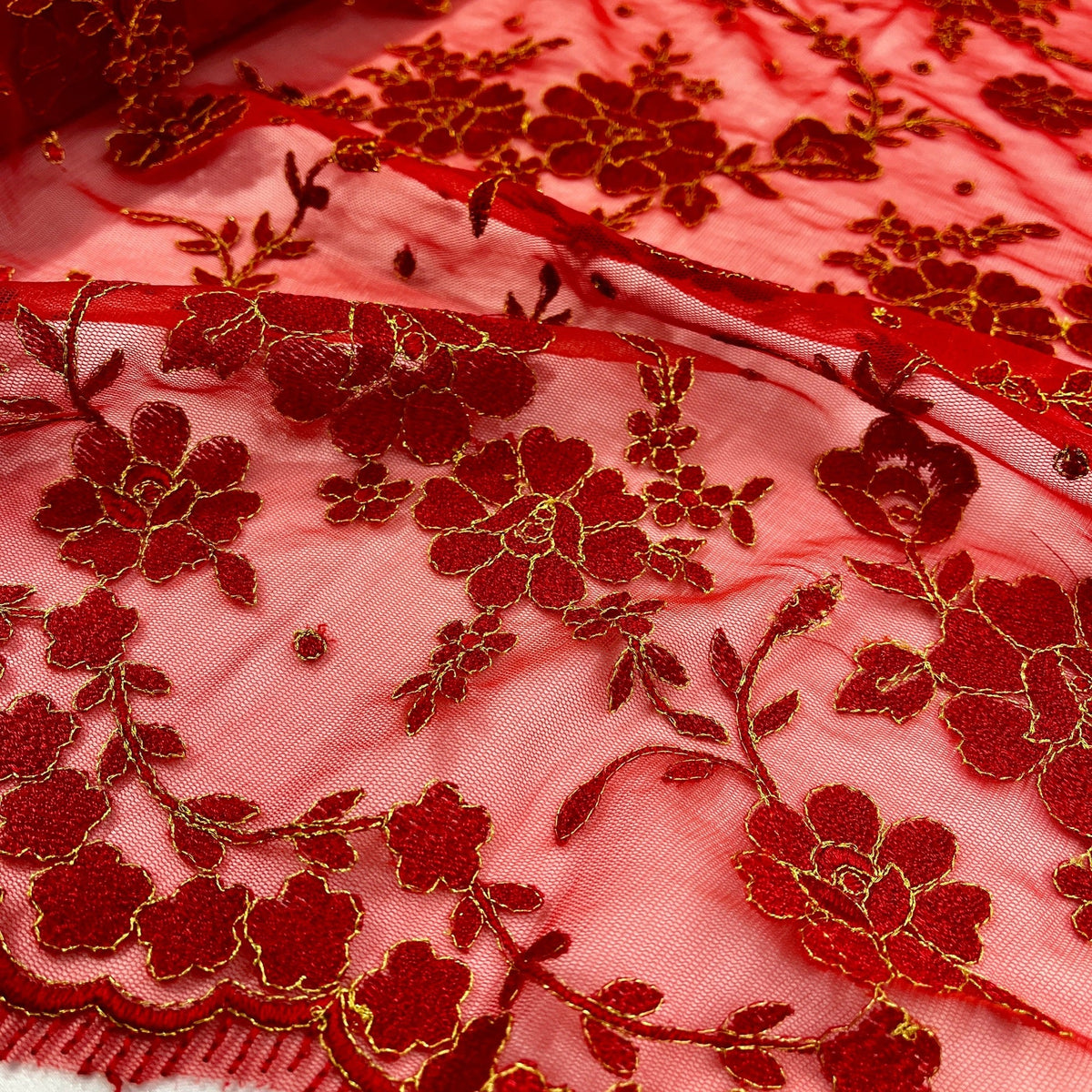 1 Yard Elegant Floral Embroidered Lace Fabric on Polyester Mesh, 52" Wide