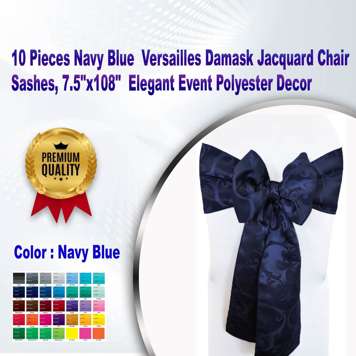 10 Pieces Navy Blue Versailles Damask Jacquard Chair Sashes, 7.5"x108" Elegant Event Polyester Decor