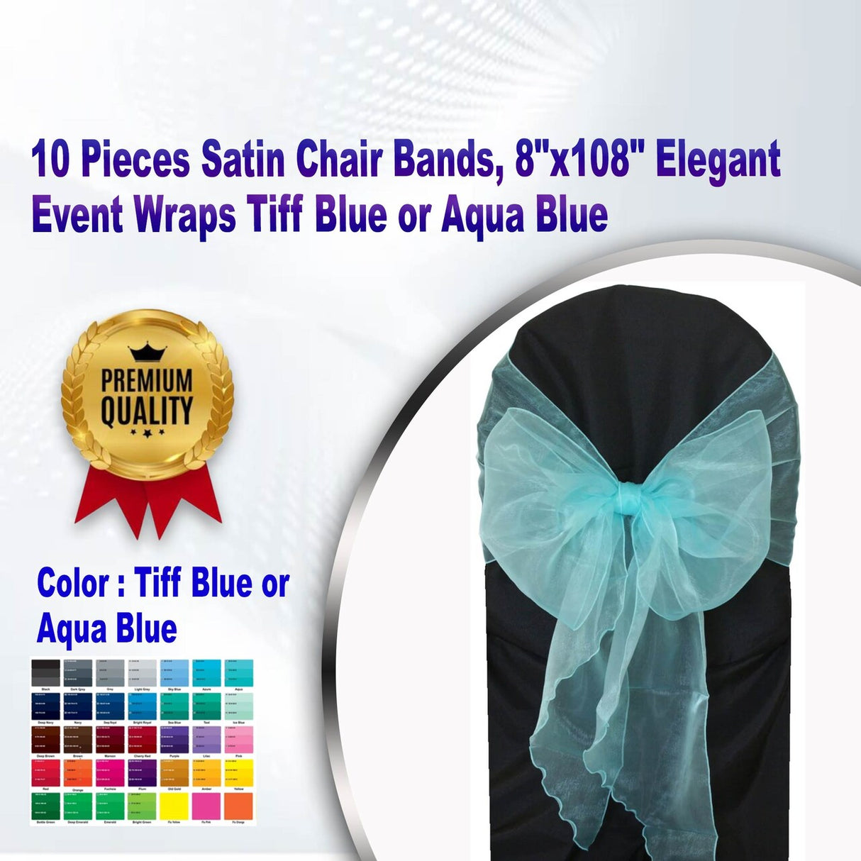 10 Pieces Satin Chair Bands, 8"x108" Elegant Event Wraps Tiff Blue/Aqua Blue