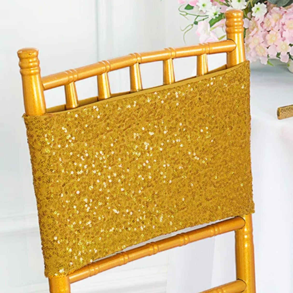 10 Pieces Glamorous Gold Sequin Stretch Spandex Chair Bands 7 x 13 Inches