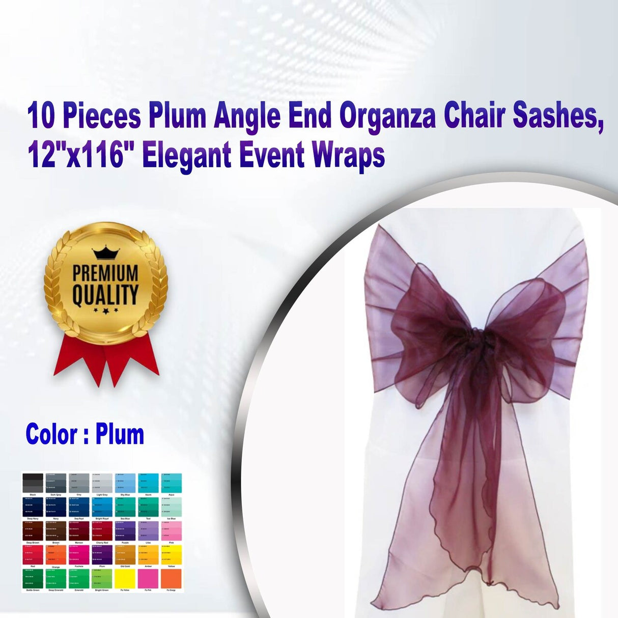 10 Pieces Plum Angle End Organza Chair Sashes, 12"x116" Elegant Event Wraps