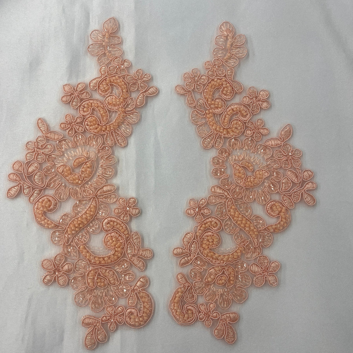 1 Pair 9" x 3" Each Side Beaded & Corded Floral Lace Applique Organza