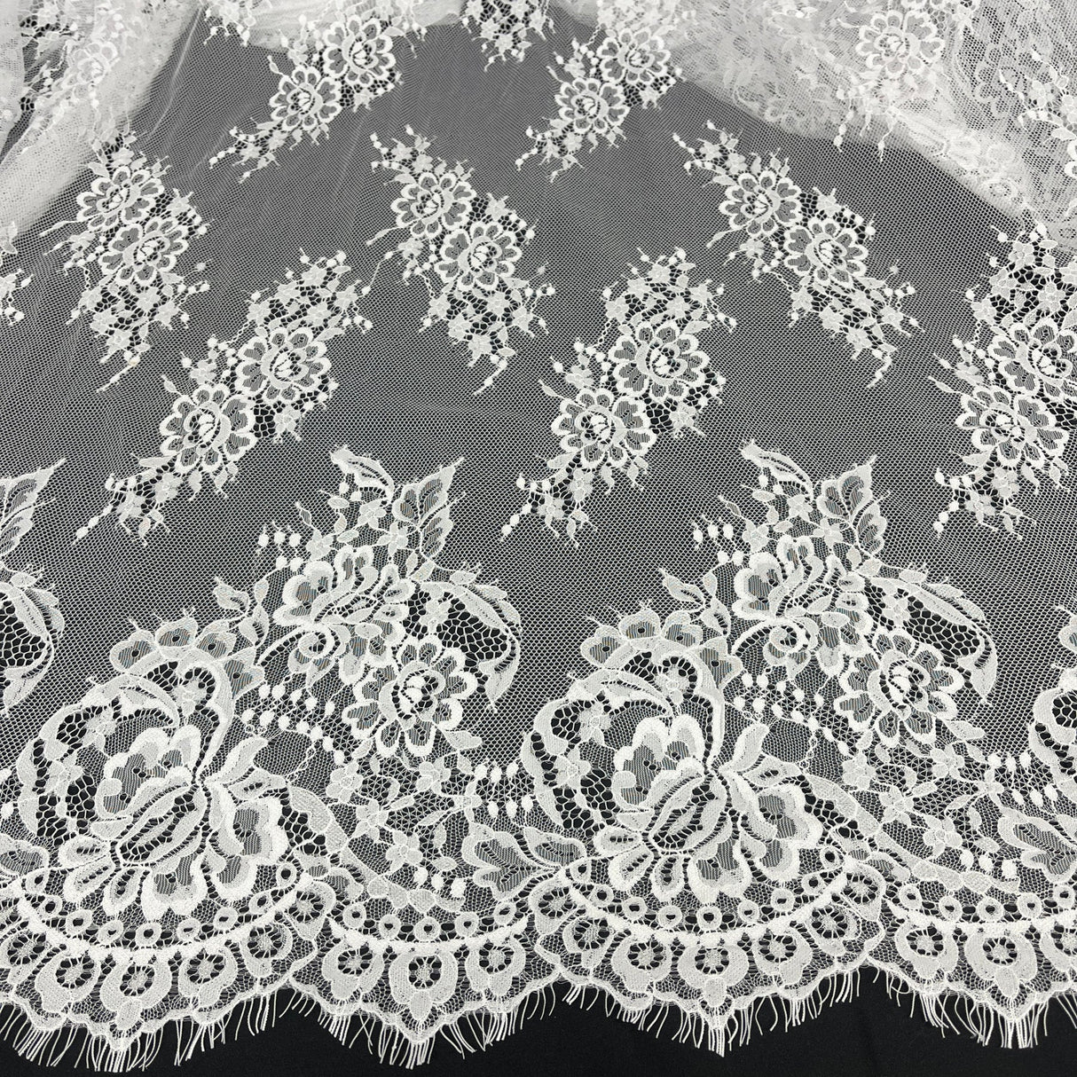 1 Yard Chantilly Embroidered Lace Fabric with Eyelash Scallop, 58" Wide French Alençon Lace for Bridal & Evening Wear