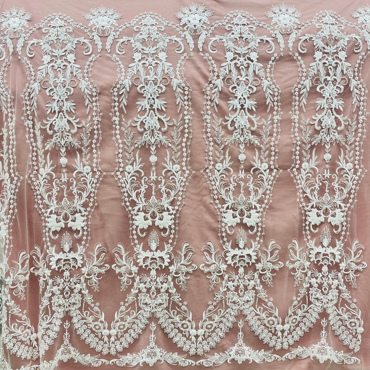 1 Yard Beaded Lace Embroidered 100% Polyester Net Sheer Bridal & Evening Dress Fabric