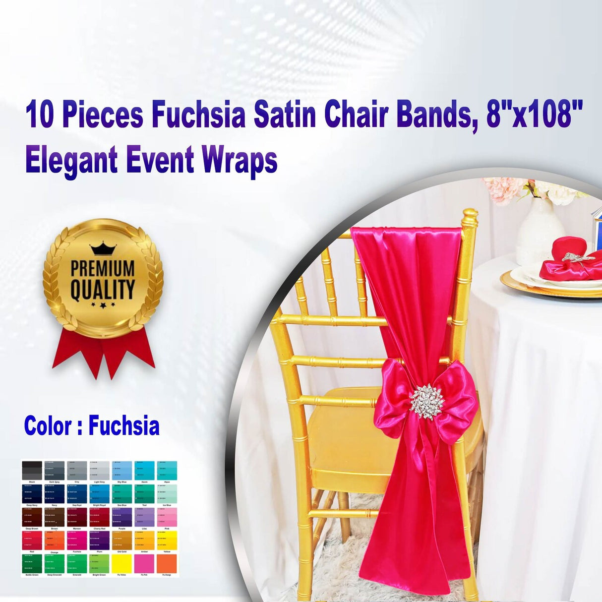10 Pieces Fuchsia Satin Chair Bands, 8"x108" Elegant Event Wraps