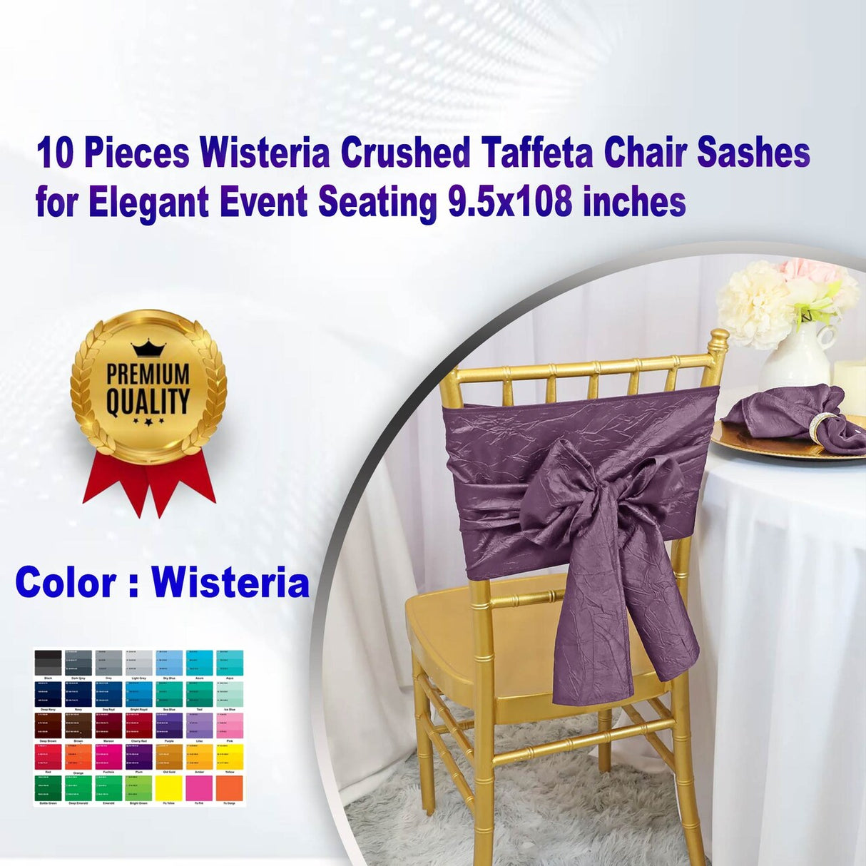 10 Pieces Wisteria Crushed Taffeta Chair Sashes for Elegant Event Seating 9.5x108 inches