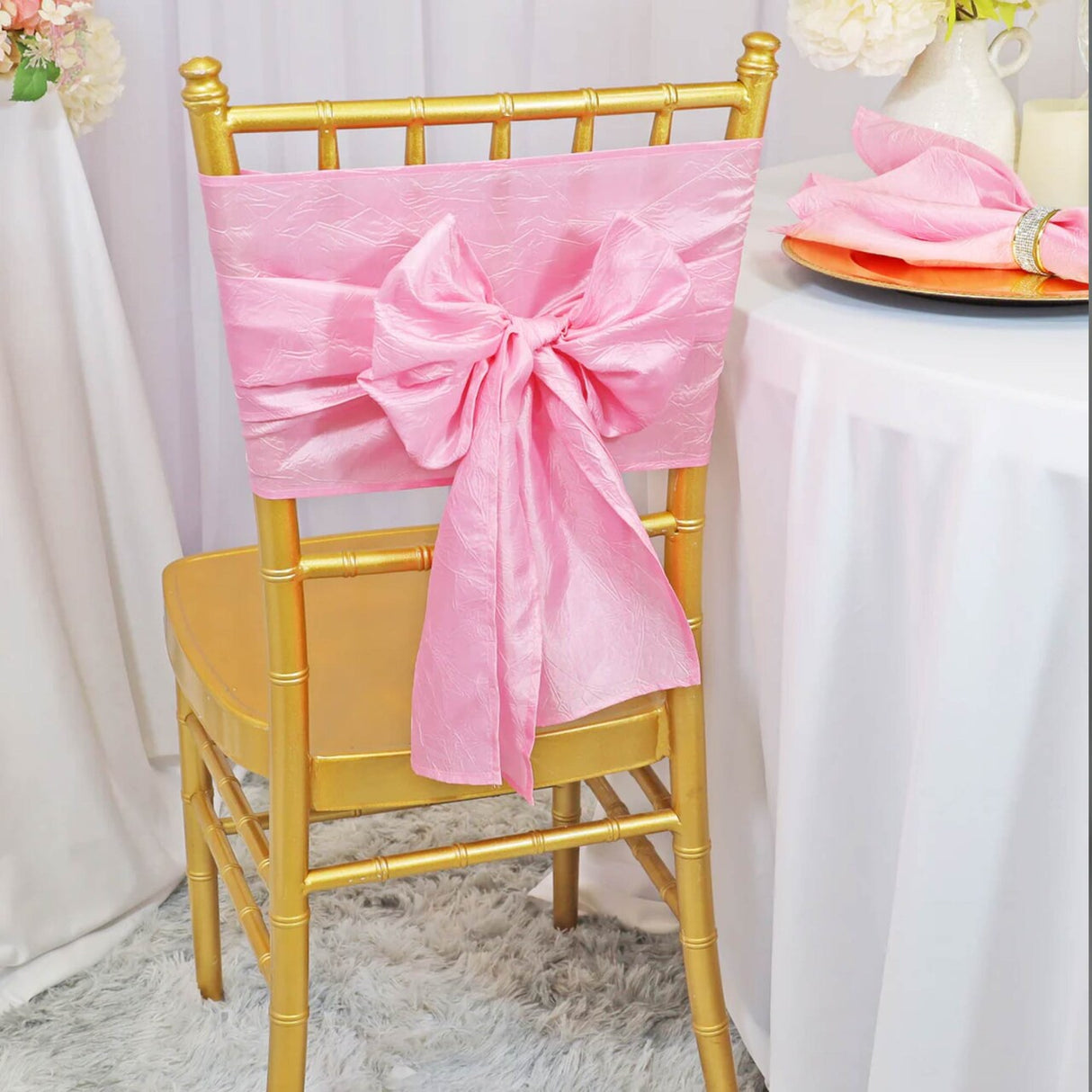 10 Pieces Crushed Taffeta Chair Sashes 9.5 x 108 inches Pink Rosy Charm