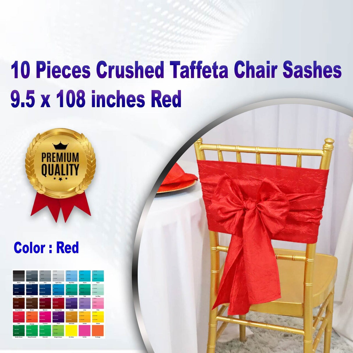 10 Pieces Crushed Taffeta Chair Sashes 9.5 x 108 inches Red