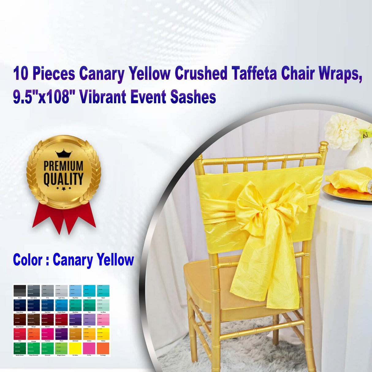 10 Pieces Canary Yellow Crushed Taffeta Chair Wraps, 9.5"x108" Vibrant Event Sashes