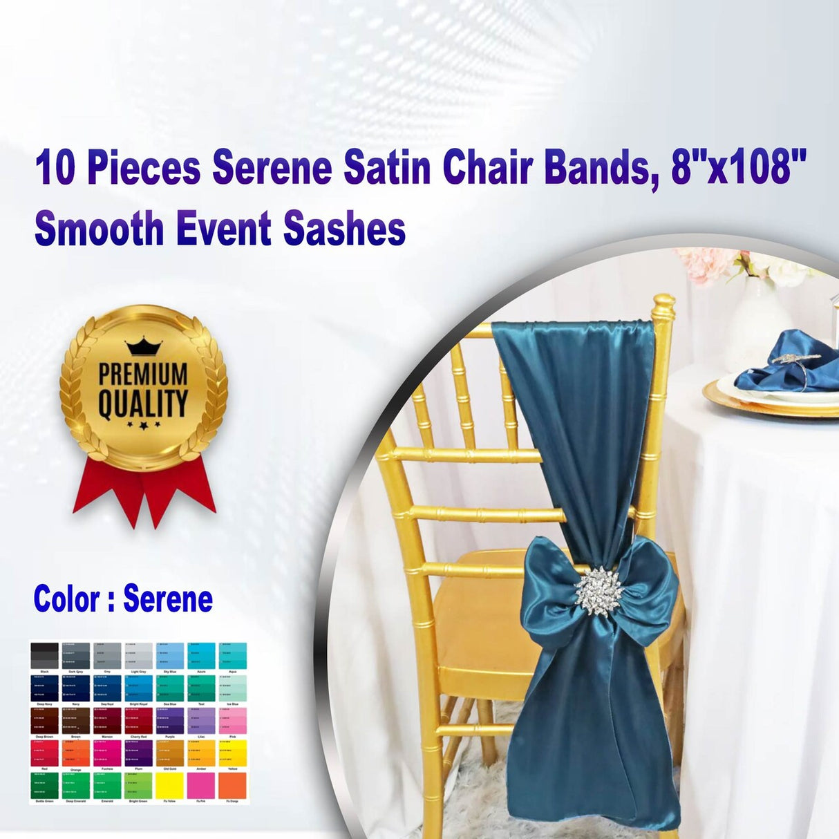 10 Pieces Serene Satin Chair Bands, 8"x108" Smooth Event Sashes