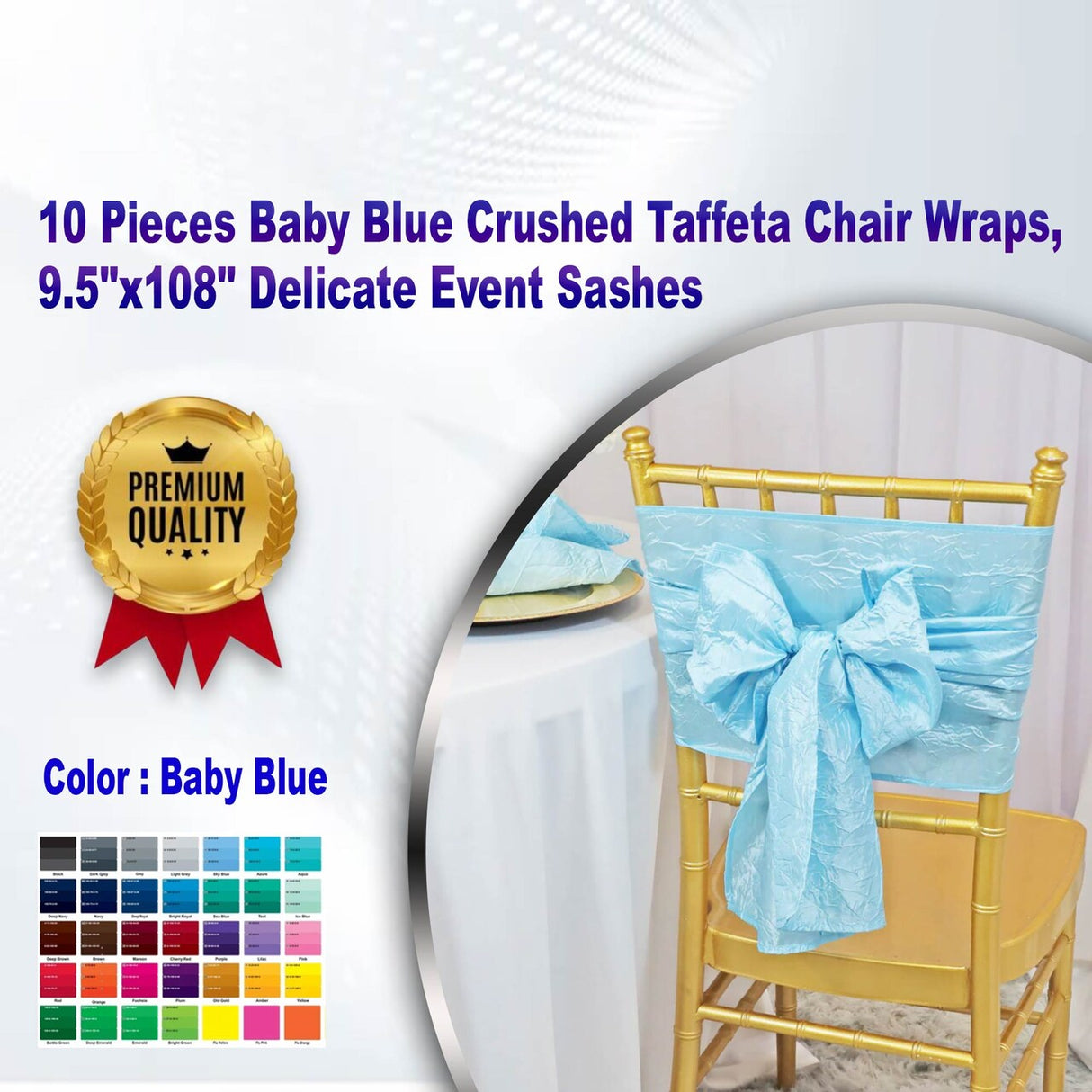 10 Pieces Baby Blue Crushed Taffeta Chair Wraps, 9.5"x108" Delicate Event Sashes