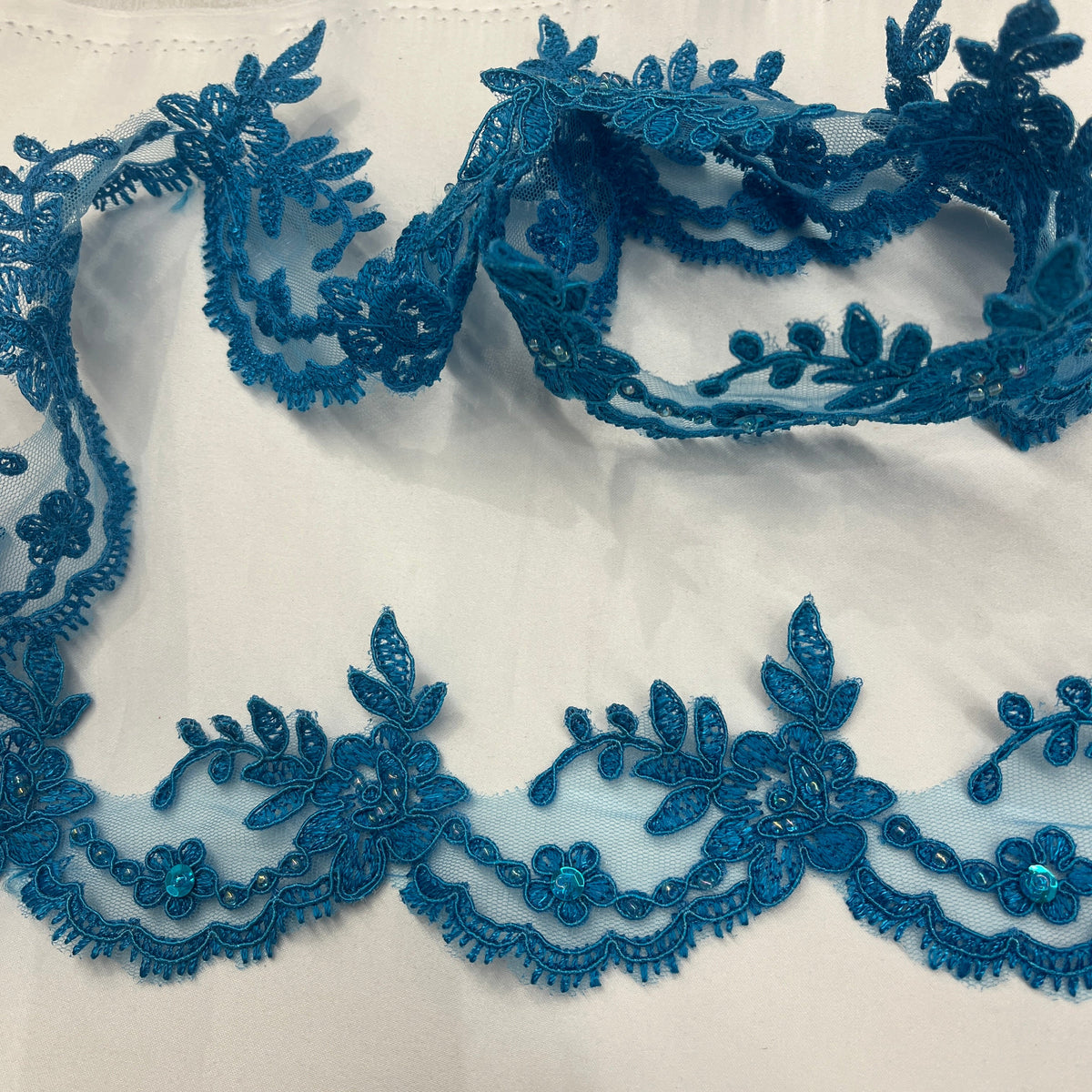 1 Yard Elegant Beaded & Corded Embroidered Lace Trim 100% Polyester Net Mesh, Style 96665W-BP