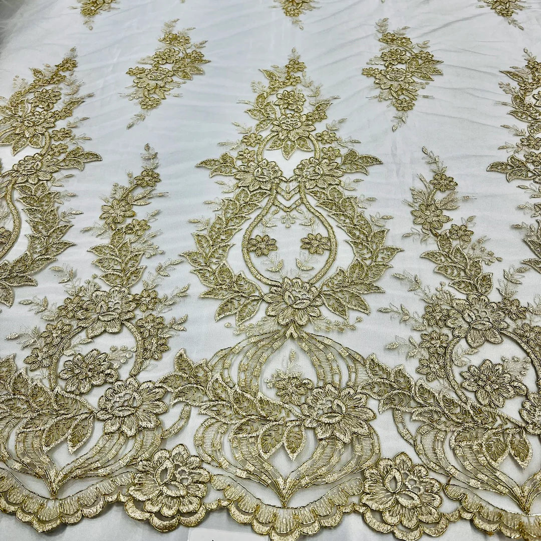 1 Yard Timeless Ivory Corded Bridal Lace Fabric Embroidered on Net Mesh 54 inch Width