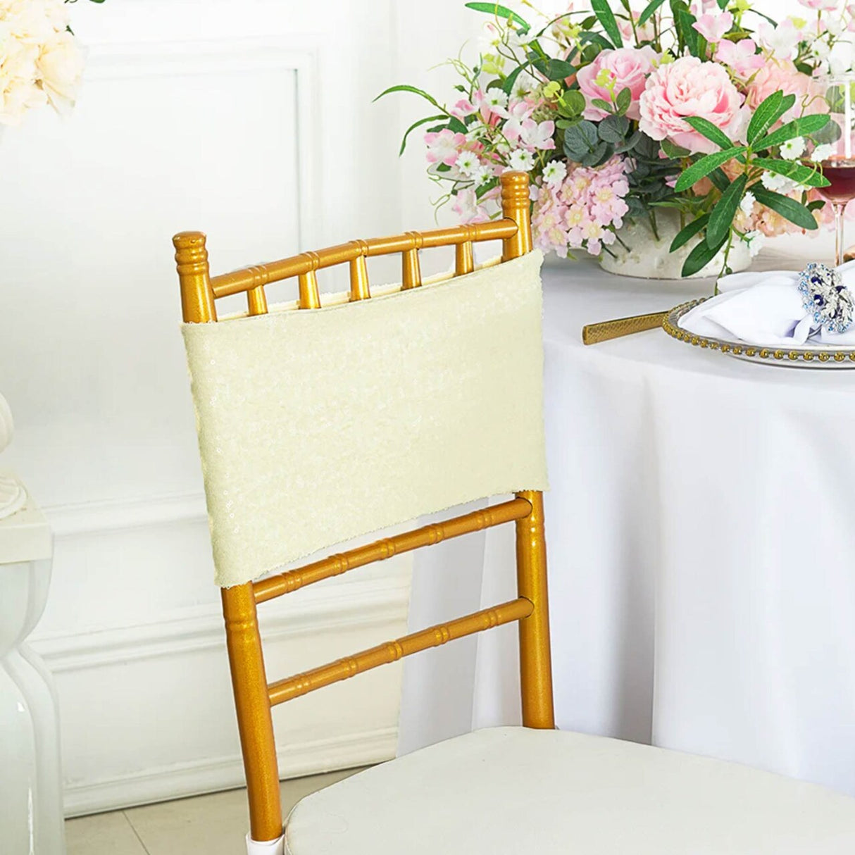 10 Pieces Luxurious Ivory Sequin Stretch Spandex Chair Bands 7 x 13 Inches