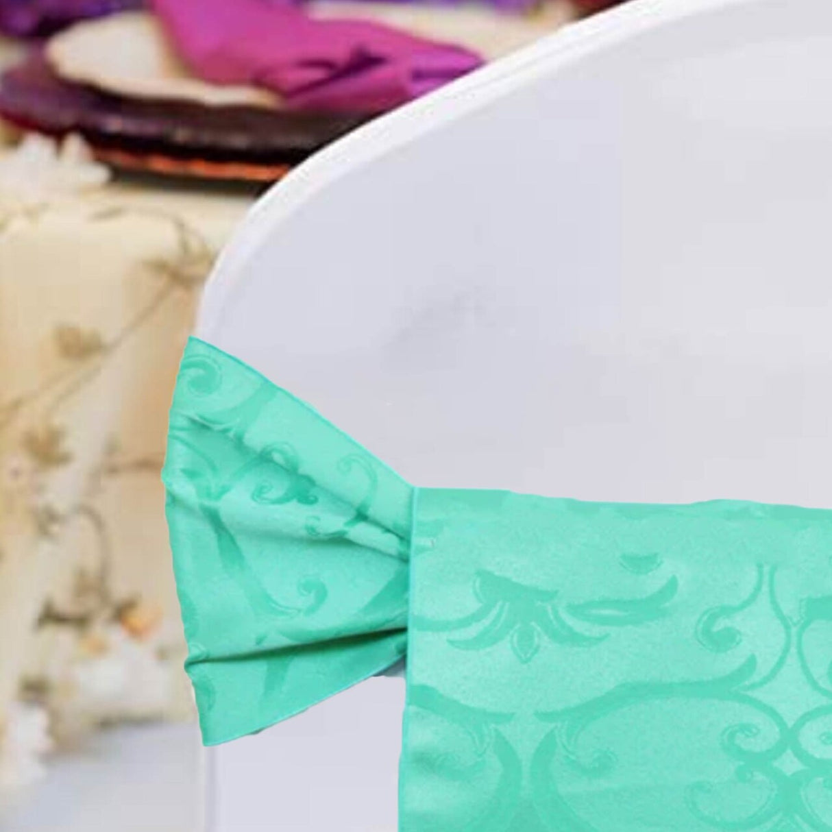 10 Pieces Tiff Blue or Aqua Blue Damask Chair Sashes 7.5"x108" Jacquard Polyester Versailles Design