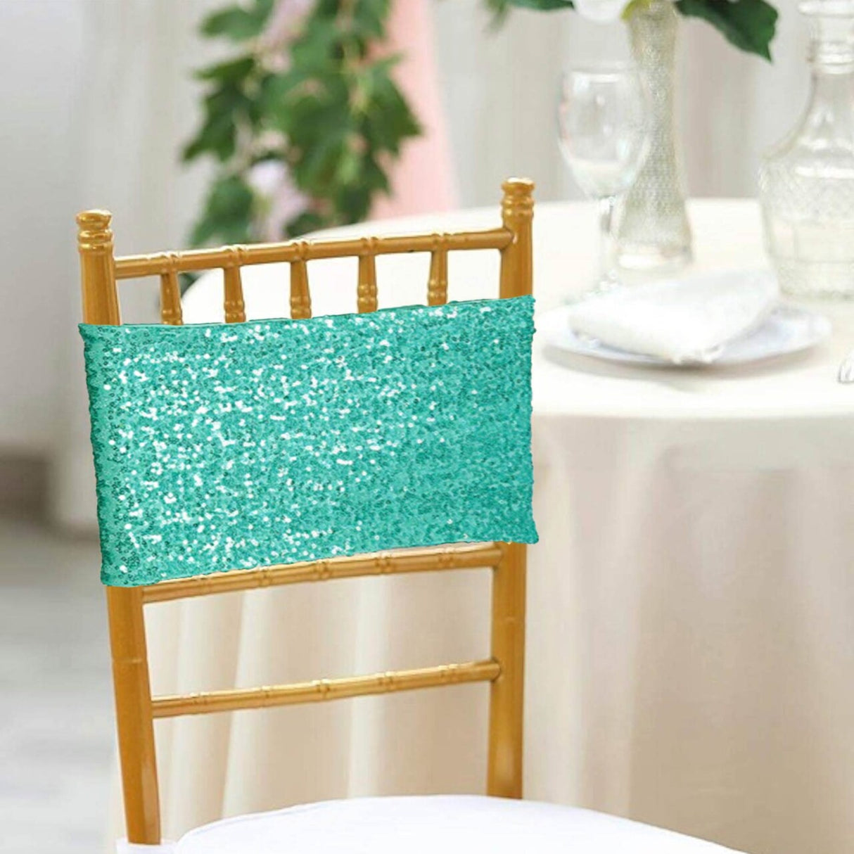 10 Pieces Sparkling Tiff Blue Or Aqua Blue Sequin Stretch Spandex Chair Bands 7 x 13 Inches