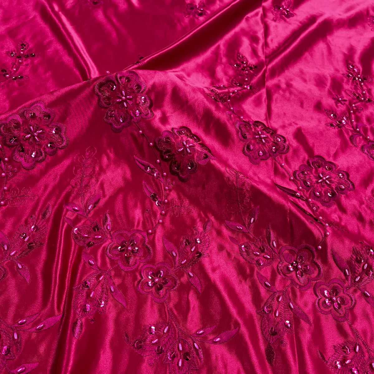 1 Yard Beaded Bridal Lace Fabric on 100% Polyester Satin, Elegant Embroidered Wedding Material