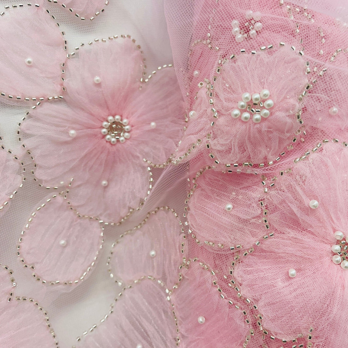 1 Yard Exquisite Champagne Beaded 3D Floral Lace Fabric on Net Mesh 52 inch Width