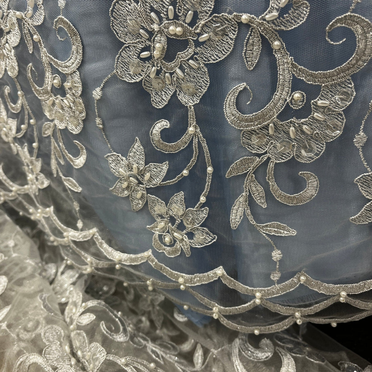 1 Yard Silver Beaded Corded Bridal Lace Fabric Embroidered Elegant Net Mesh Gown 52" Width