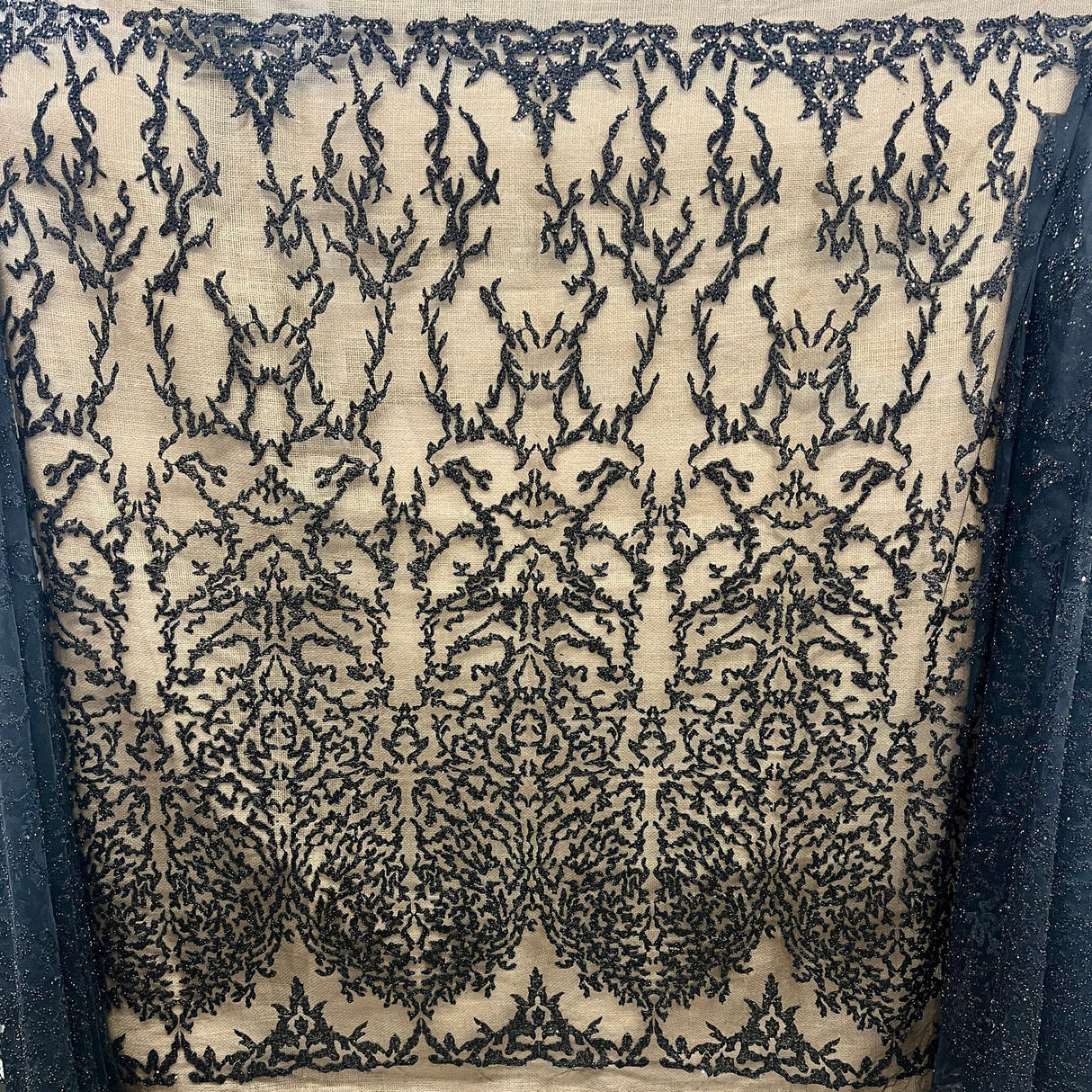 1 Yard Rose Gold Beaded Lace Fabric, Embroidered Polyester Mesh, 52" Wide,