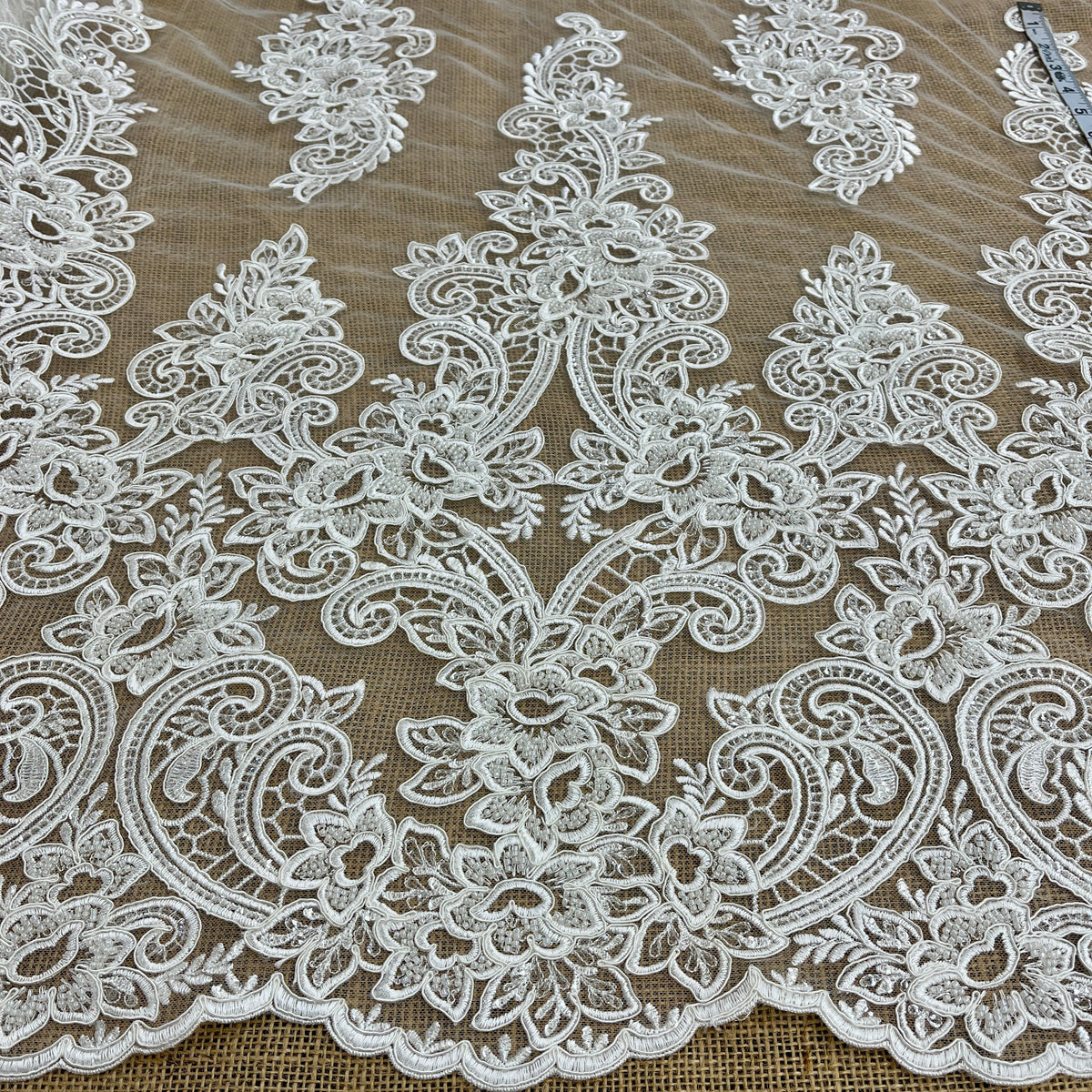 1 Yard 54 Inch Beaded and Corded Bridal Lace Fabric Ivory