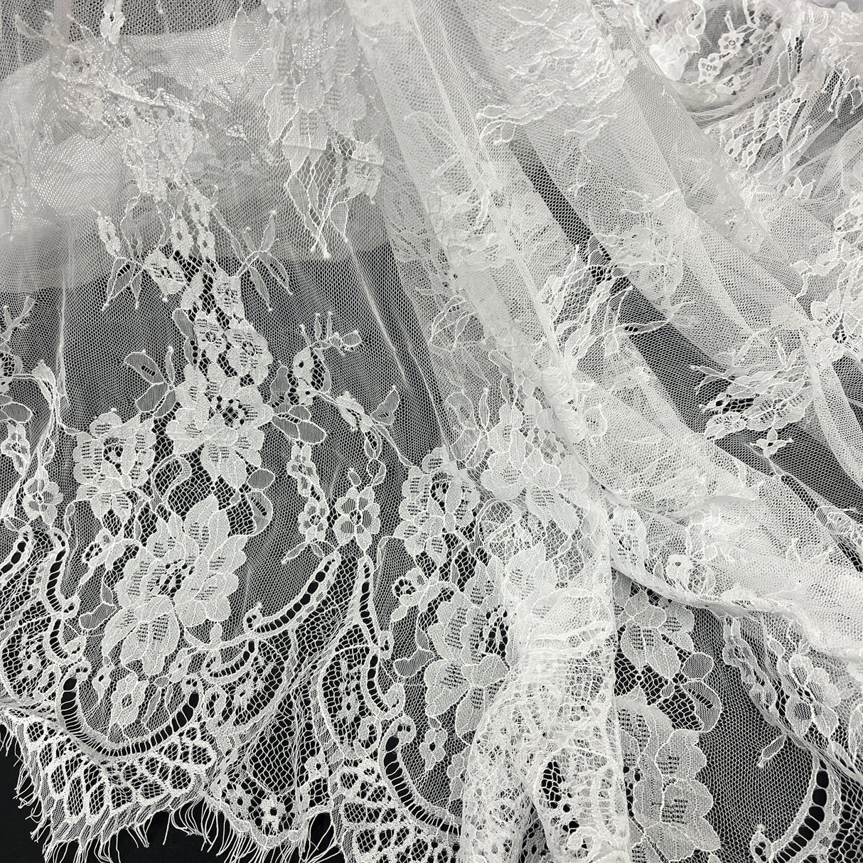 1 Yard Chantilly Embroidered Lace Fabric with Eyelash Scallop, 58" Wide French Alençon Lace for Bridal & Evening Dresses